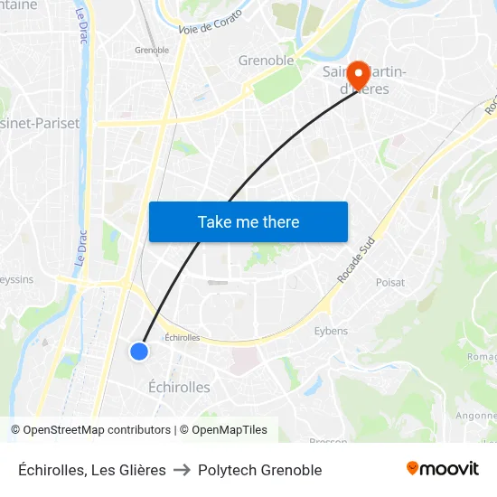 Échirolles, Les Glières to Polytech Grenoble map