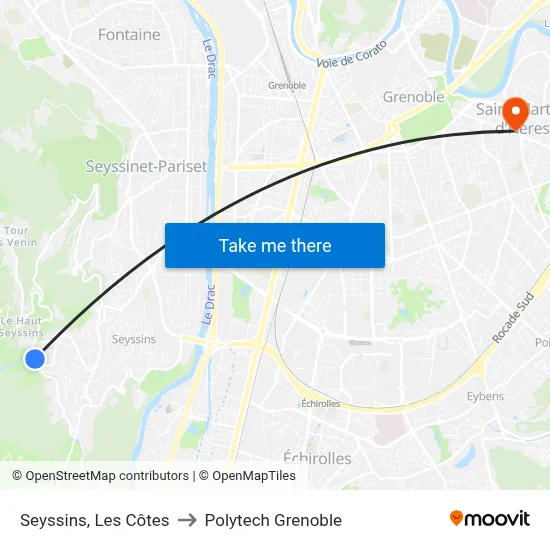 Seyssins, Les Côtes to Polytech Grenoble map