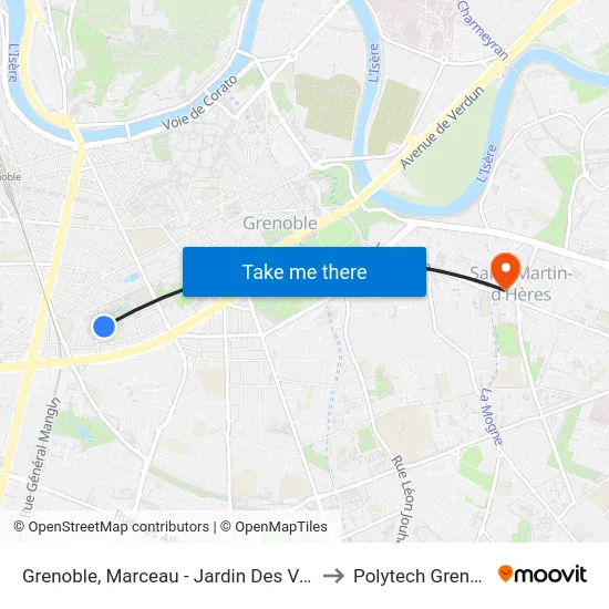 Grenoble, Marceau - Jardin Des Vallons to Polytech Grenoble map