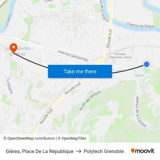 Gières, Place De La République to Polytech Grenoble map