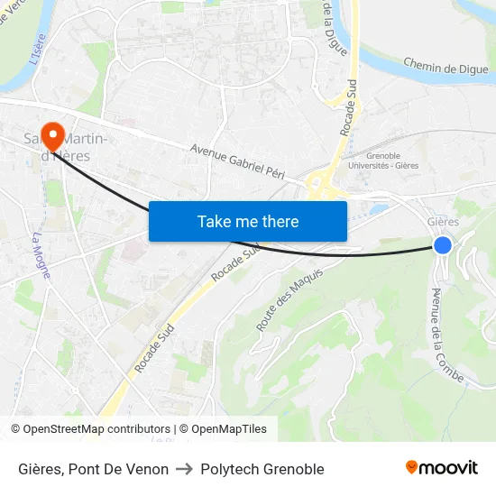 Gières, Pont De Venon to Polytech Grenoble map