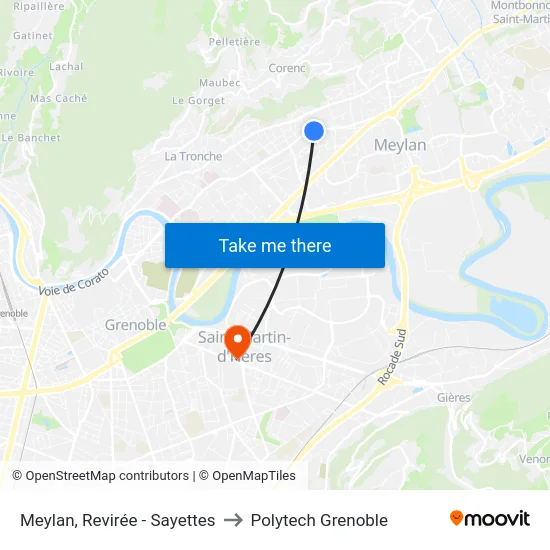 Meylan, Revirée - Sayettes to Polytech Grenoble map