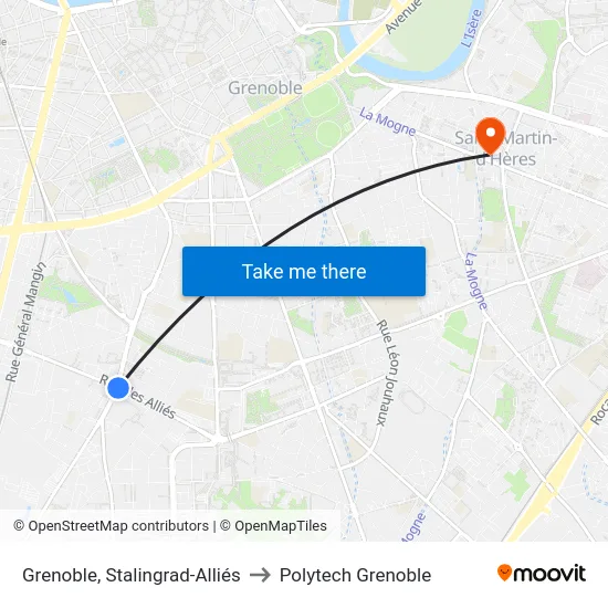 Grenoble, Stalingrad-Alliés to Polytech Grenoble map