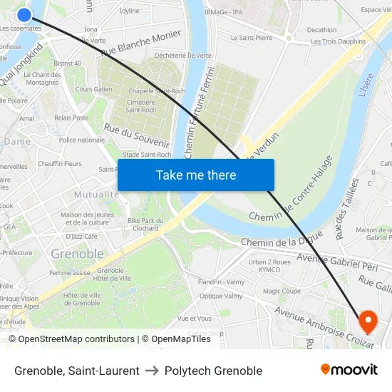 Grenoble, Saint-Laurent to Polytech Grenoble map