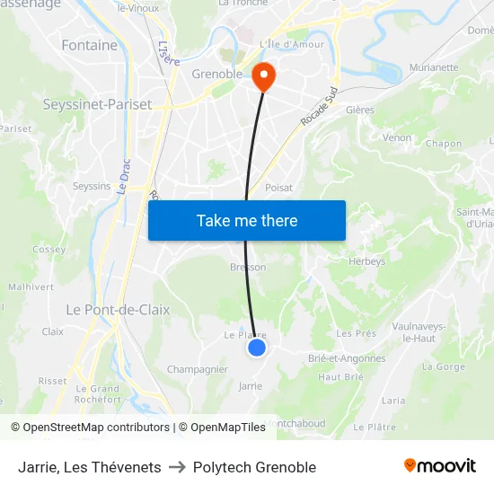 Jarrie, Les Thévenets to Polytech Grenoble map