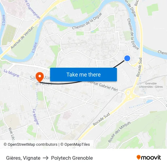 Gières, Vignate to Polytech Grenoble map