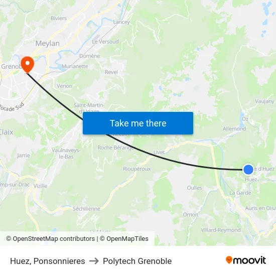 Huez, Ponsonnieres to Polytech Grenoble map