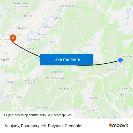 Vaujany, Pourchery to Polytech Grenoble map