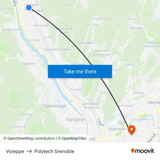 Voreppe to Polytech Grenoble map