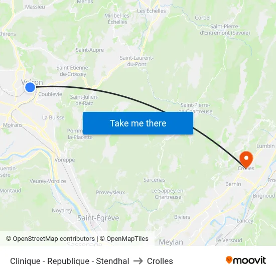Clinique - Republique - Stendhal to Crolles map