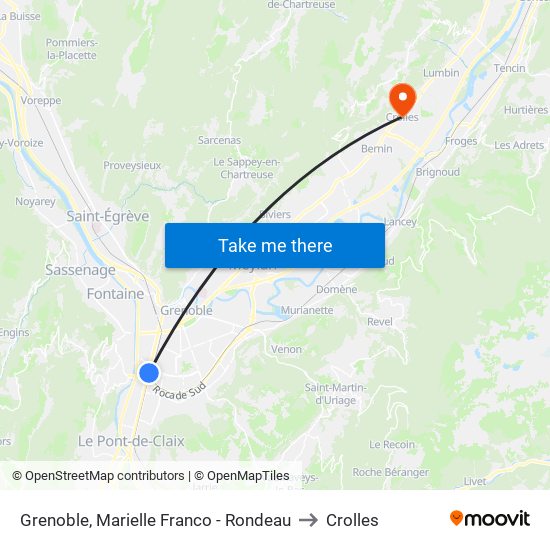 Grenoble, Marielle Franco - Rondeau to Crolles map