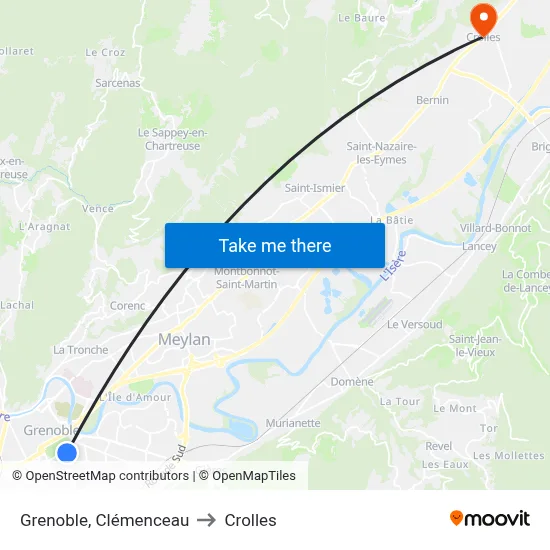 Grenoble, Clémenceau to Crolles map