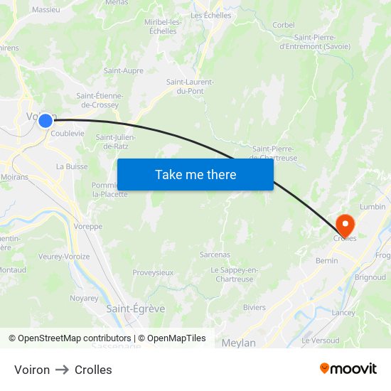 Voiron to Crolles map