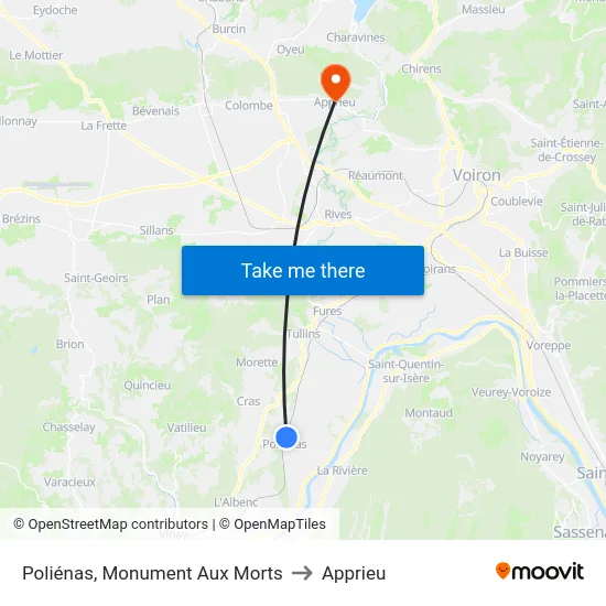 Poliénas, Monument Aux Morts to Apprieu map