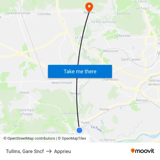 Tullins, Gare Sncf to Apprieu map
