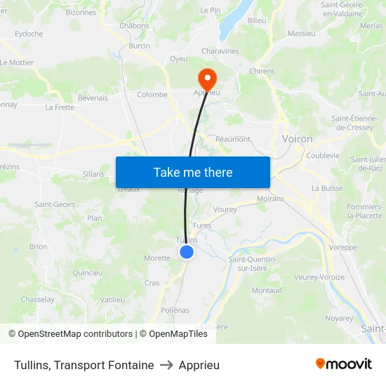 Tullins, Transport Fontaine to Apprieu map
