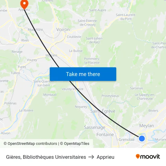 Gières, Bibliothèques Universitaires to Apprieu map