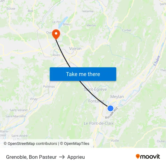 Grenoble, Bon Pasteur to Apprieu map