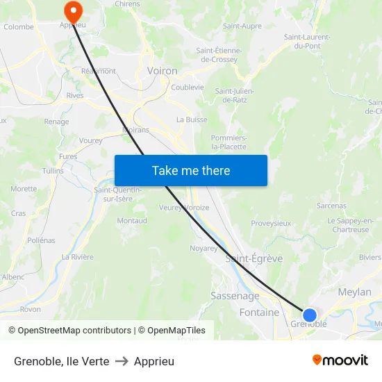 Grenoble, Ile Verte to Apprieu map