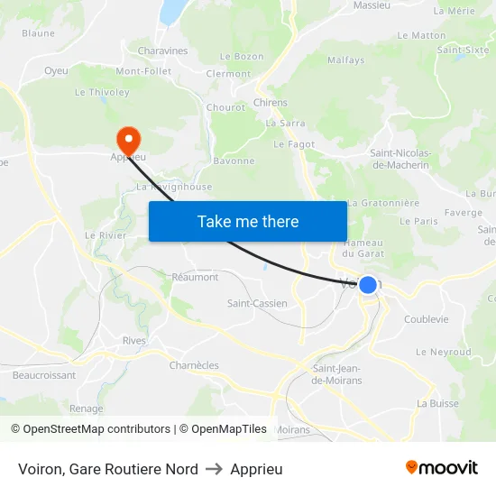 Voiron, Gare Routiere Nord to Apprieu map