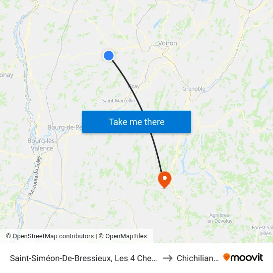 Saint-Siméon-De-Bressieux, Les 4 Chemins to Chichilianne map