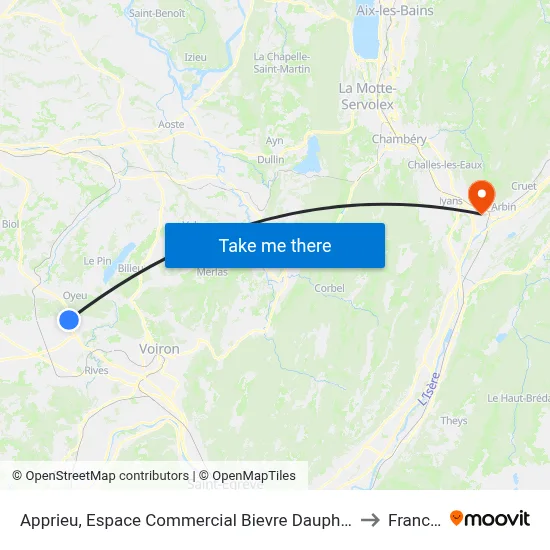 Apprieu, Espace Commercial Bievre Dauphine to Francin map