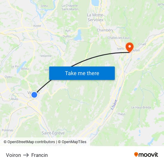 Voiron to Francin map