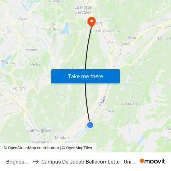 Brignoud Centre to Campus De Jacob-Bellecombette - Université Savoie Mont Blanc map