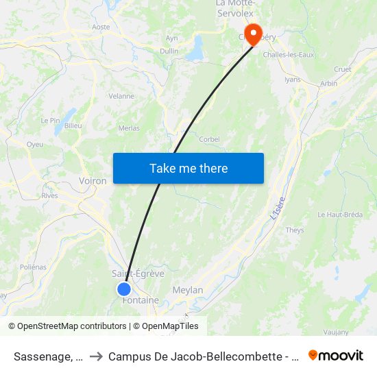 Sassenage, Les Chênes to Campus De Jacob-Bellecombette - Université Savoie Mont Blanc map