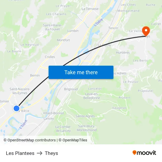 Les Plantees to Theys map
