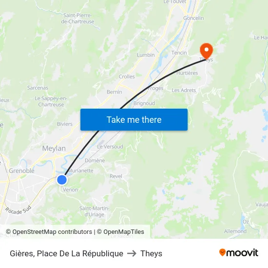 Gières, Place De La République to Theys map