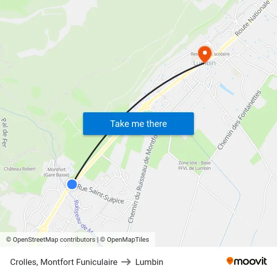 Crolles, Montfort Funiculaire to Lumbin map