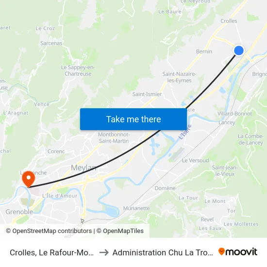 Crolles, Le Rafour-Monnet to Administration Chu La Tronche map
