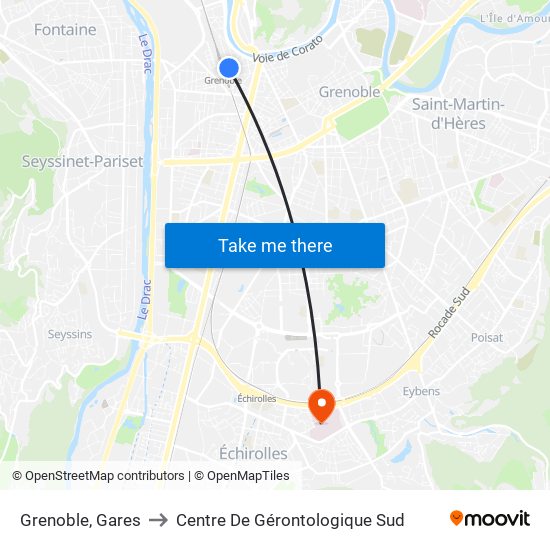 Grenoble, Gares to Centre De Gérontologique Sud map