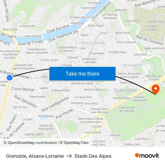 Grenoble, Alsace-Lorraine to Stade Des Alpes map