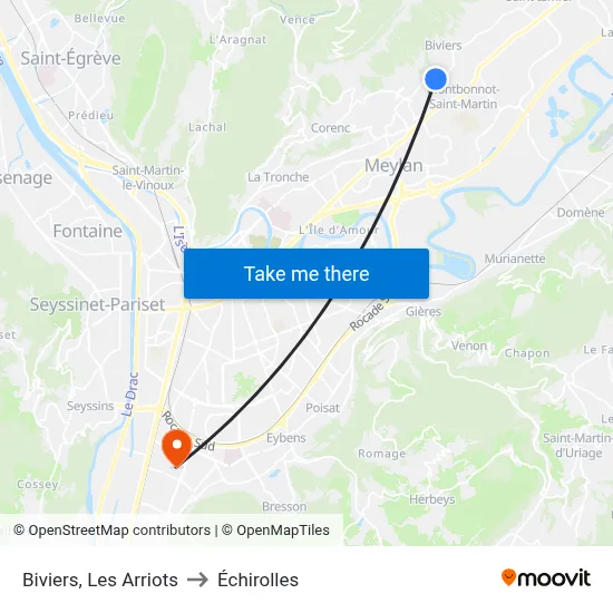 Biviers, Les Arriots to Échirolles map