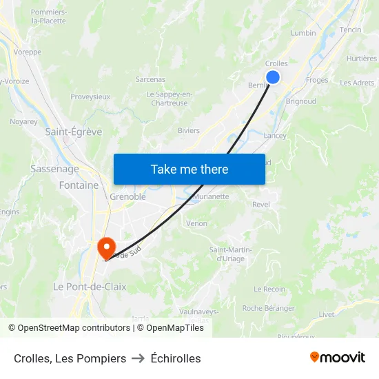 Crolles, Les Pompiers to Échirolles map