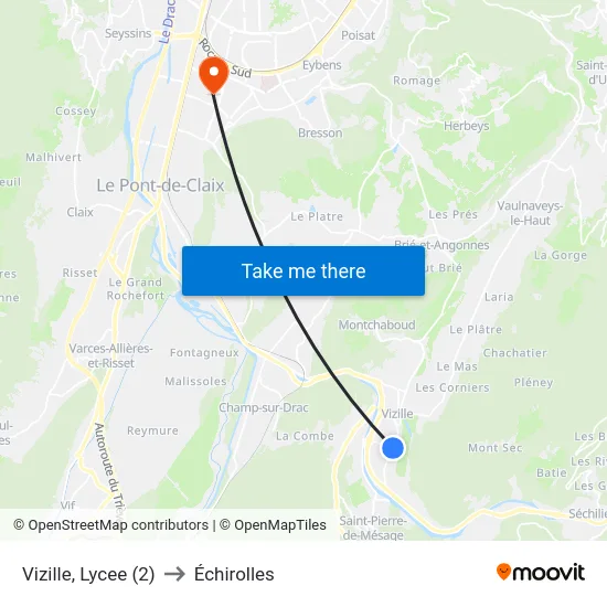 Vizille, Lycee (2) to Échirolles map
