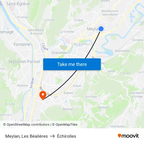 Meylan, Les Béalières to Échirolles map