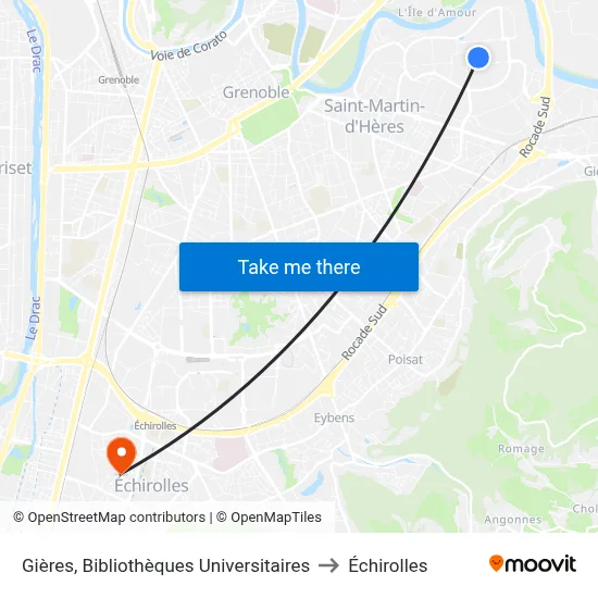 Gières, Bibliothèques Universitaires to Échirolles map
