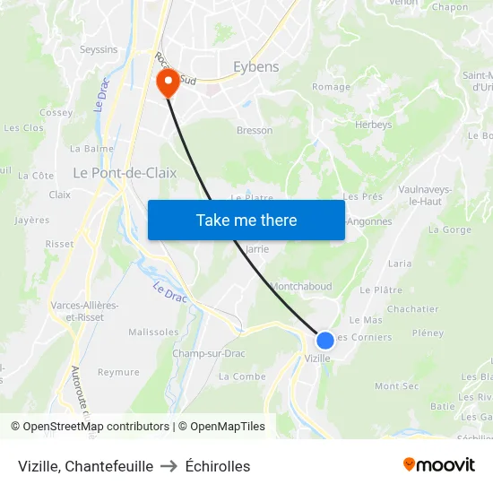 Vizille, Chantefeuille to Échirolles map