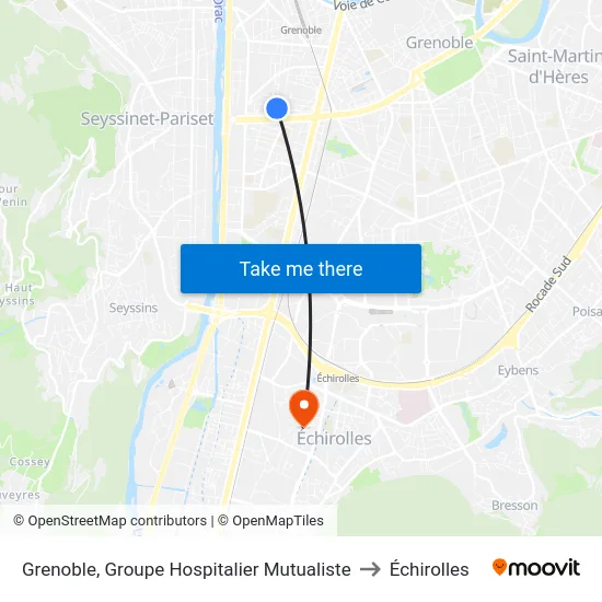 Grenoble, Groupe Hospitalier Mutualiste to Échirolles map