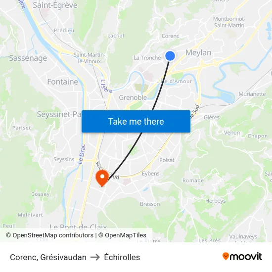 Corenc, Grésivaudan to Échirolles map