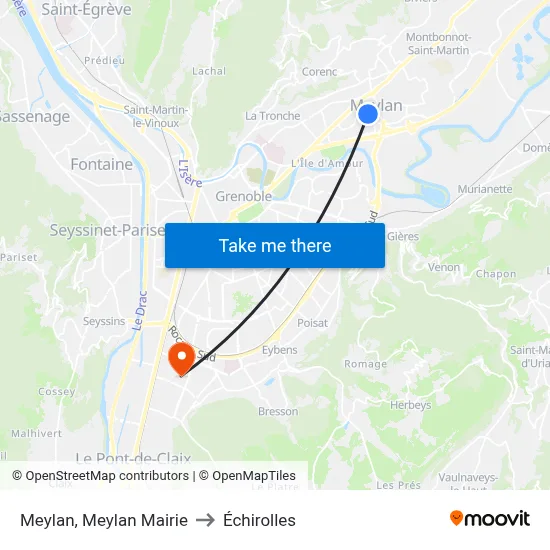 Meylan, Meylan Mairie to Échirolles map