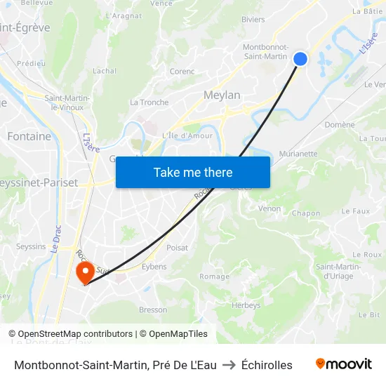 Montbonnot-Saint-Martin, Pré De L'Eau to Échirolles map