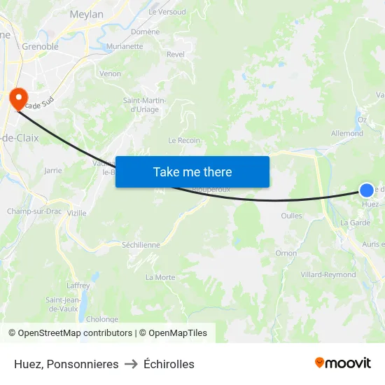 Huez, Ponsonnieres to Échirolles map