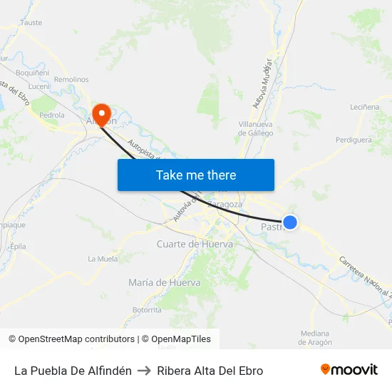 La Puebla De Alfindén to Ribera Alta Del Ebro map