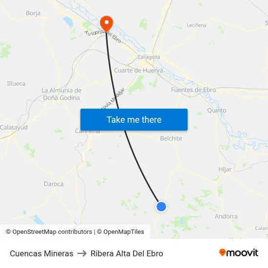 Cuencas Mineras to Ribera Alta Del Ebro map
