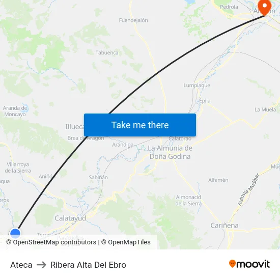 Ateca to Ribera Alta Del Ebro map