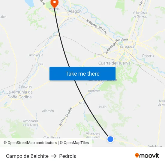 Campo de Belchite to Pedrola map